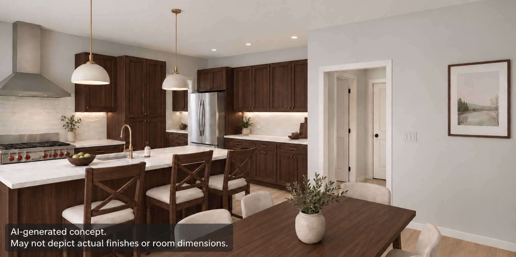 The Freya kitchen with dark walnut cabinetry — concept visualization