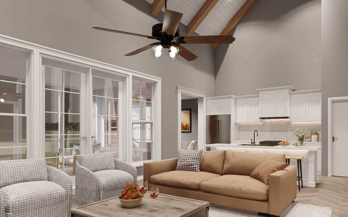 Living room with vaulted ceiling concept rendering